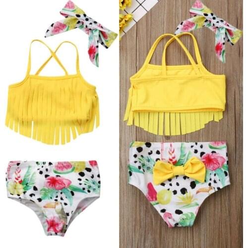 Infant Baby Girl Summer Swimwear Suit Yellow Top + Floral Pants + Headband Outfit Beach Tankini Set 3PCS