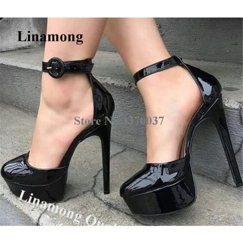 Linamong Round Toe Patent Leather High Platform Stiletto Heel Pumps Black Ankle Strap Buckle High Heels CLub Dress Shoes