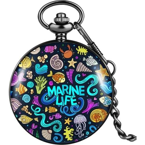 Best Gift Cartoon Marine Life Painted Pattern Pocket Watch Men Women Pendant Necklace Chain Alloy Retro Clock for Friend Relogio