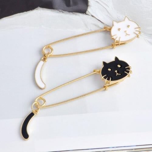 Black White Cat Kitten Face Tail Metal Brooch Denim Lapel Button pins Buckle Shirt Sweater pins Badge Cute Jewelry for girl kids