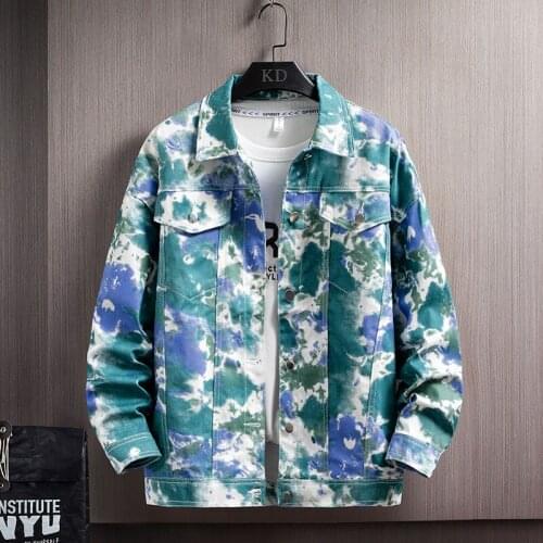 Fashion Mens Slim Denim Jacket Cloud Tie-dye Printing Pink Light Blue All-match Trend Casual Streetwear Spring Autumn Coat Male