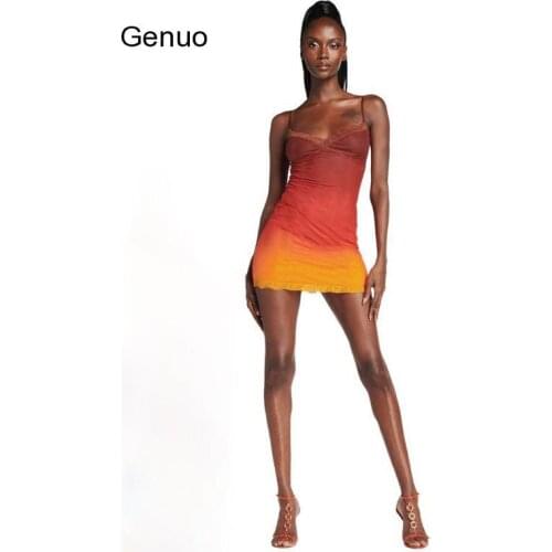 Fashionable Gradient Color Bodycon Women Mini Dress Sexy V Neck Party Clubwear Spaghetti Straps Casual Street Clother