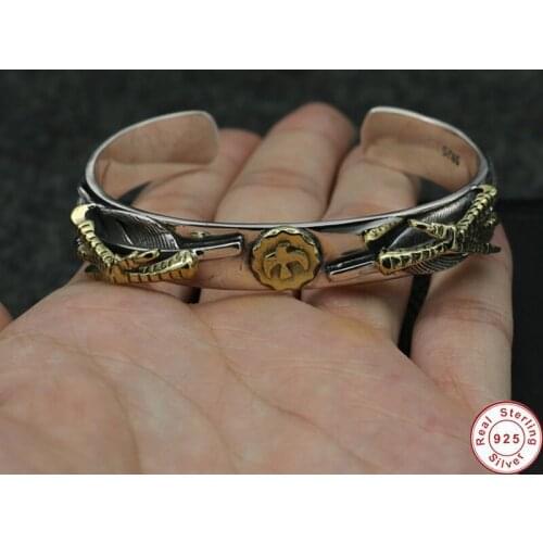 Thai Silver colour S925 Sterling Silver colour Takahashi Goro Handmade Leaf Feather Double Eagle Claws Open Ended Bangle Men