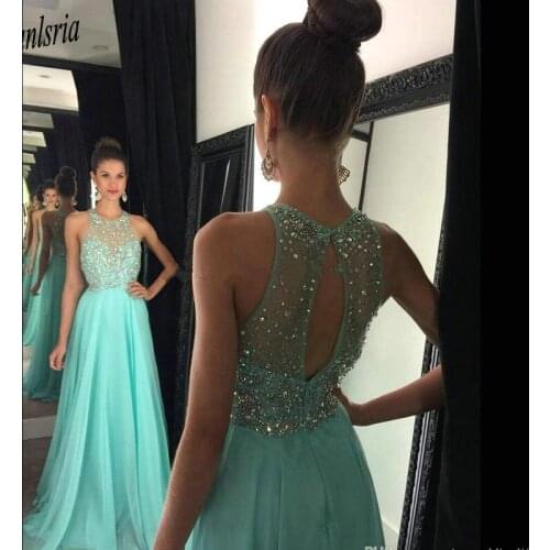 Mint Sleeveless Jewel Neck A Line Chiffon Prom Dresses 2020 Crystal Beaded Sexy Open Back Light Yellow Evening Dresses