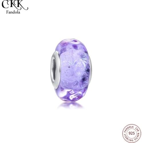 Genuine 925 Sterling Silver Wavy Lavender Murano Glass Charms Fits Pandora Bracelet Metal Beads for Jewelry Making Bijoux 2020