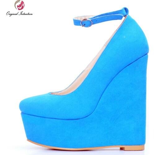 Original Intention Elegant Women Pumps Fashion Platform Round Toe Wedges Pumps High-quality Bule Shoes Woman Plus US Size 4-15
