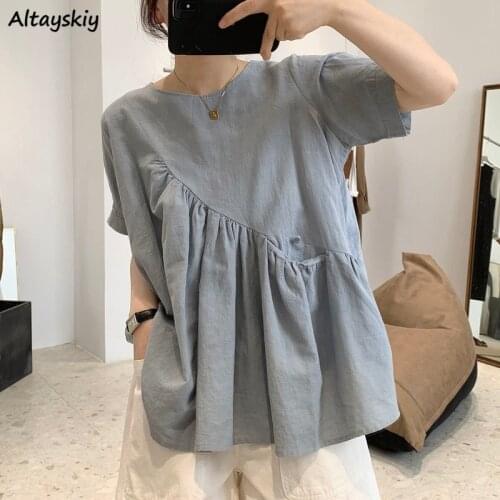 Shirts Women O-neck Short Sleeve Pockets Asymmetrical Loose Solid Simple All-match Korean Style Daily Ladies A-line Female Tops