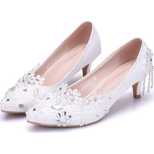 Spring Autumn New Styles Pumps Women Lace Rhinestone Pointed Toe Thin Heels 5CM High Heels Womens Wedding Shoes