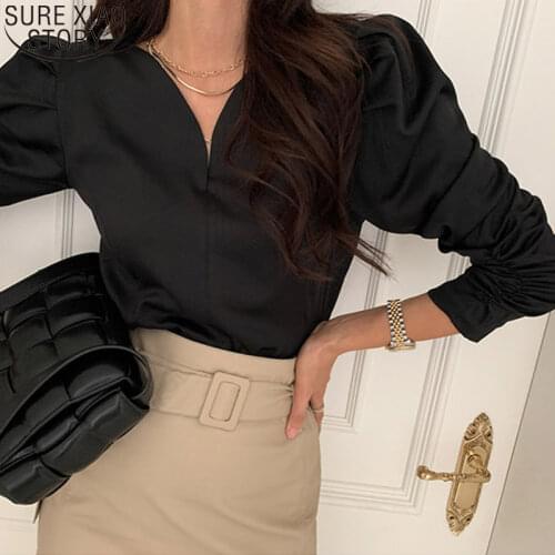 Chic Shirt Black Tops Cotton Blouse Office Lady Puff Sleeve Elegant V-neck Long Sleeve Blouses Spring Korean Blusas Mujer 12899