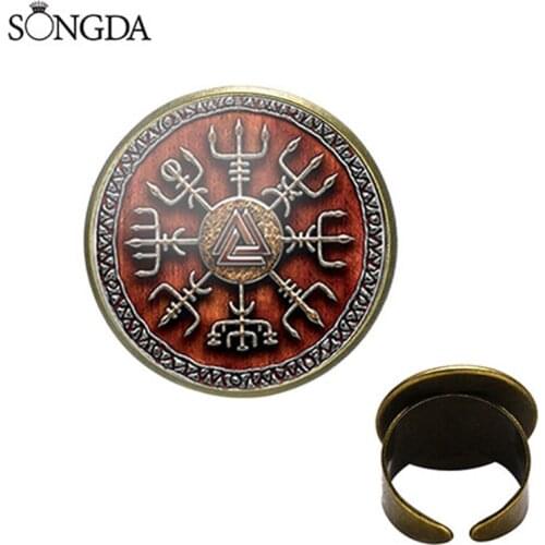 Vintage Viking Compass Stud Rings Norse Rune Circle Odin Symbol Printed Glass Gem Ring Stud Punk Unisex Jewelry For Friends Gift