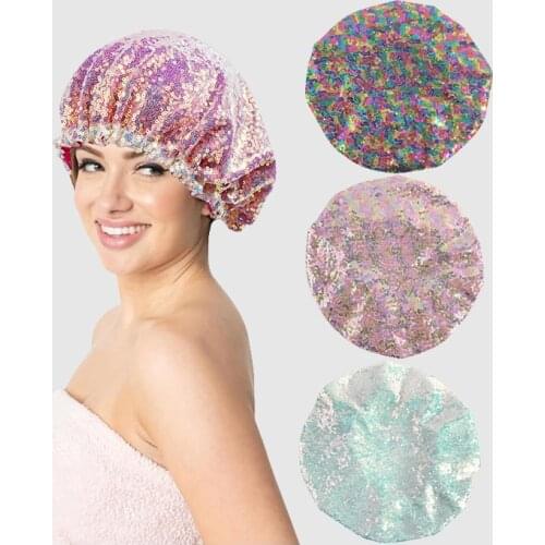 Women Sleep Cap Sequins Bonnet Satin Night Hair Fashion Curling Bonnet Hat Silk Head Women Satin Bonnet Cover Wide Elastic Band