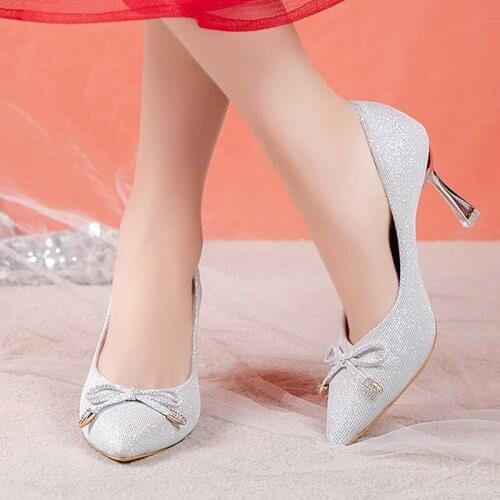 Big Size 34-42 Woman Pumps High Heels Dress Shoes Woman Wedding Shoes Bridal Silver Red Ol Office Lady Shoe Bow Thin Heel 9079G