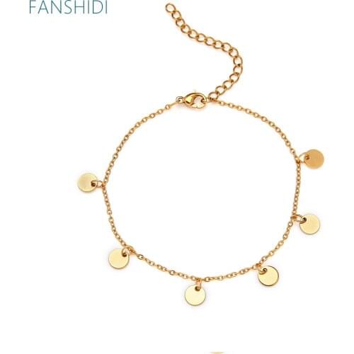 FANSHIDI Stainless Steel Temperament Circle Charm Bracelet For Women Gold Color Sequins Pendant Pulsera de acero in