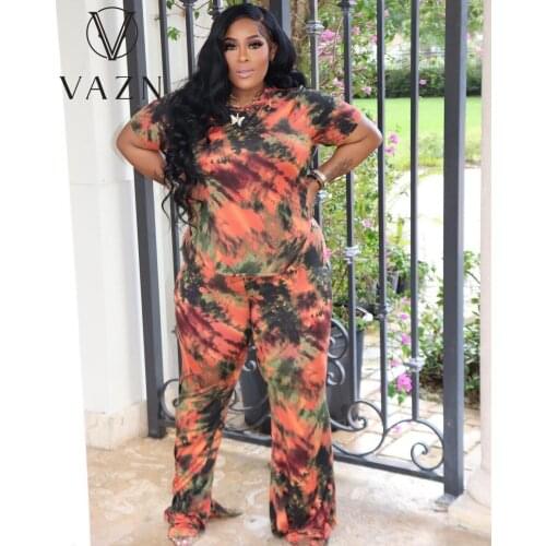 VAZN Summer 2021 European and American Womens Printed Casual Commuter Top + Bell-Bottom Pants 2 Sets