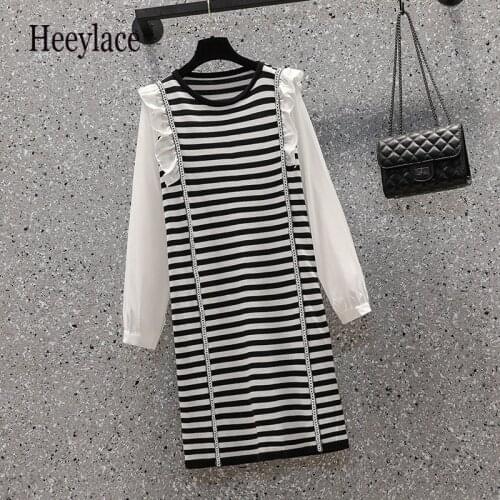 Plus Size Dresses Women Striped Knitted Dress Office Ladies Chiffon Long Sleeve Patchwork Knitted Dress Winter Sweater Dress 4XL