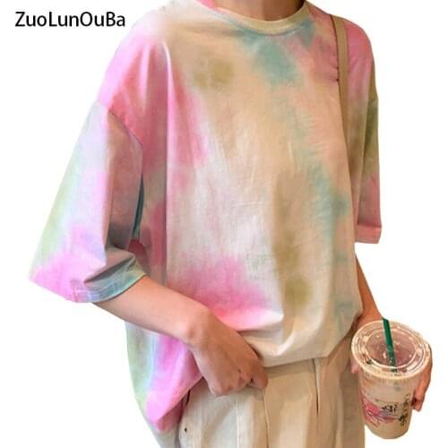 ZuoLunOuBa 2021 Summer Casual Sweet Women T Shirt Tie-dye Harajuku Girl Student Wild Pink Short Sleeve Tees Tops Female