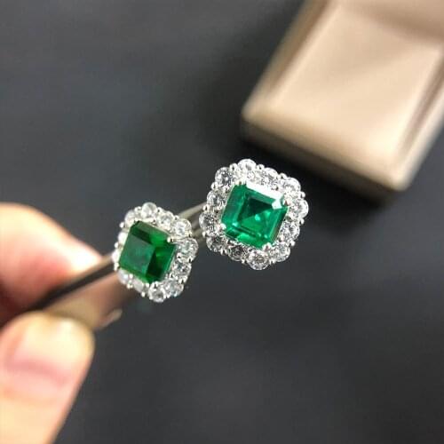 100% 925 Sterling Silver Square Created Emerald Gemstone Stud Earrings Ear Studs Earrings Ladies Fine Jewelry
