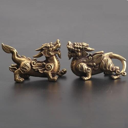 2Pcs Copper Brave Troops Figurines Retro Copper Animal Tea Pet Desktop Ornament Decor Crafts Keychain Pendants