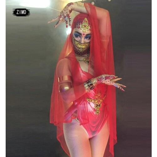 Sparkly Rhinestones Bodysuit Womens Indian SariPiece Set Red Mesh Jumpsuit Sexy Female Nightclub Dj Ds drag queen Costumes stage