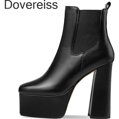 Dovereiss Fashion Female Boots Winter Sexy Square Toe Zipper Waterproof White Genuine Leather Chunky Heels New Ankle Boots 40