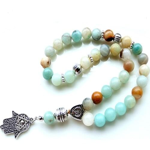 8mm Amazonite Stone bead with hand charm Round Shape 33 Prayer Beads Islamic Muslim Tasbih Allah Mohammed Rosary For Men&Women