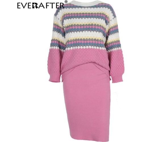 EVERAFTER 2 Piece Set women knitted Lantern Sleeve thicken Autumn winter sweater pullovers skirts female Elegant lady skirt suit