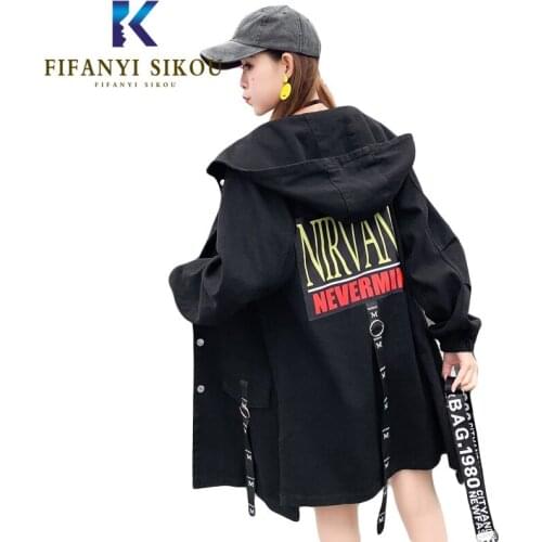 Streetwear Women Black Hooded Windbreaker Jacket Loose Long Coat Ribbons Fashion Print Harajuku Jackets Female 2020 Autumn New