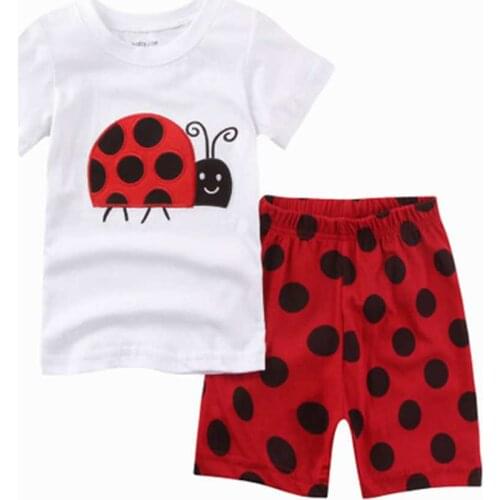 Ladybug Polka Dot Summer Girl Pajamas Childrens Clothing 100% Cotton Soft Girl Sleeping Suits T-Shirt+Pant Baby Home Clothes