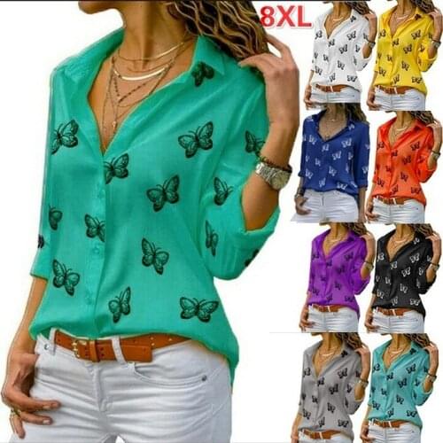 New Womens Shirts Long Sleeve Chiffon Tops Casual Butterfly Print Blouses Loose Lapel Shirt Office Ladies Tops Plus Size S-5XL