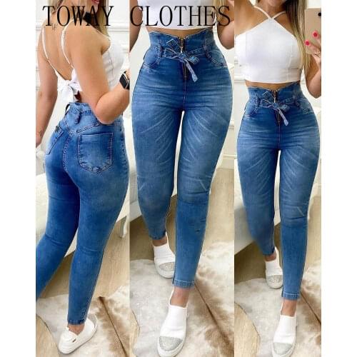 Solid Color High Waist Drawstring Skinny Jeans y2k Traf Pantalones De Mujer Pants Women