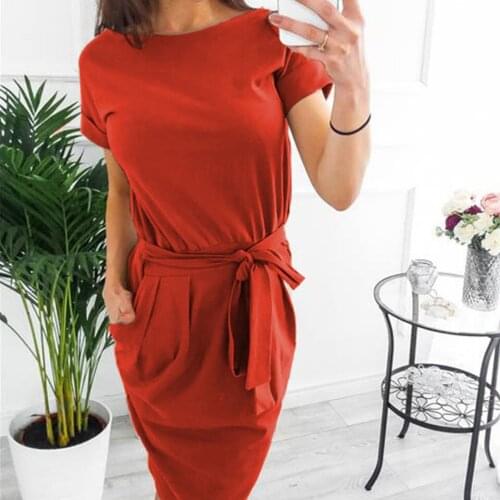 Scoop Neck Casual Business Dress For Women Office Lady Sukienka 2020 Bandage Dress Midi Elegant Gathered Dress Simple Pocket 3xl