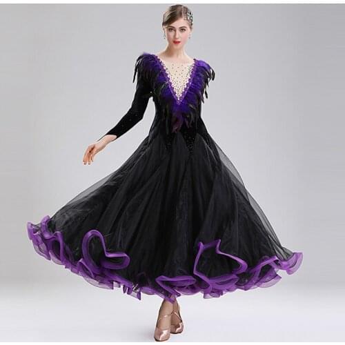 Modern ballroom neon Dance clothes dresses Costume long sleeve feather collar Dance Costume gorgeous dress