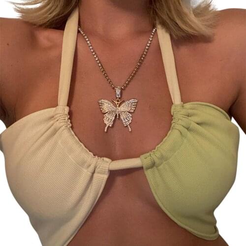 Womans Sexy Contrast Color Camisole, Lace-up Halter Midriff-baring Backless Slim Elastic Boob Tube Top