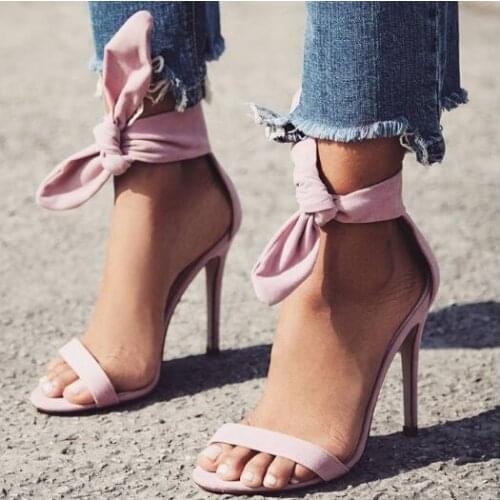 Sestito 2019 New Brand Woman Solid Yellow Pink Butterfly Knot Front Open Toe Thin Heels Party High Heel Sandals Shoes For Ladies