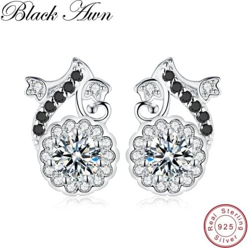 [BLACK AWN] Genuine 100% 925 Sterling Silver Jewelry Black Spinel Stone Flower Wedding Stud Earrings for Women T143