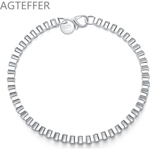 AGTEFFER 925 Sterling Silver 4mm Box Chain Bracelet For Women Wedding Engagement Party Fashion Jewelry