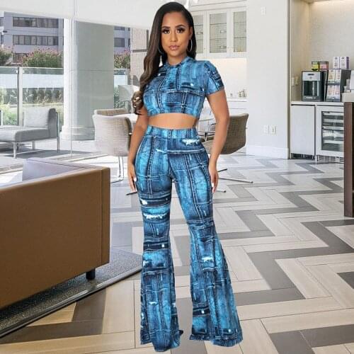 Classic Print Two Pieces Pant Set for Women Short Sleeve Slim Fit Crop Top and Flare Bell Bottom Trouser Casual Female Outfits