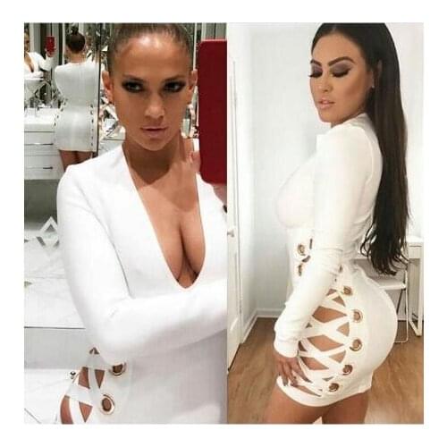 High Quality White Long Sleeve V-neck Side Hollow Out Rayon Bandage Dress Sexy Evening Party Dress
