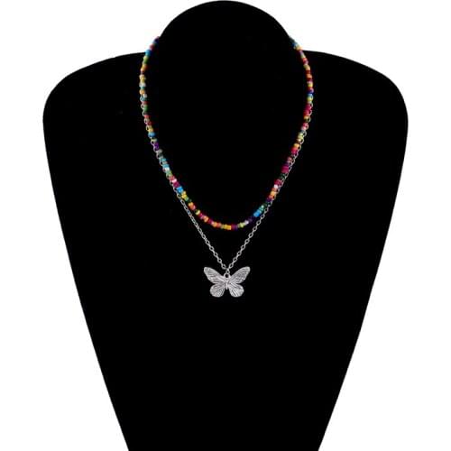 2PCS Colorful Bead Necklace Simple Butterfly Pendant Necklace Multilayer Alloy Necklace Choker Bohemian Jewellery Women Girls