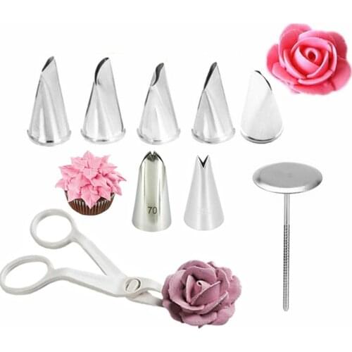 9Pcs/set Flower Scissor+Cake Tray +7pcs Tulips Rose Nozzle Nail Decor Lifter Fondant Cream Transfer Baking Pastry Kitchen