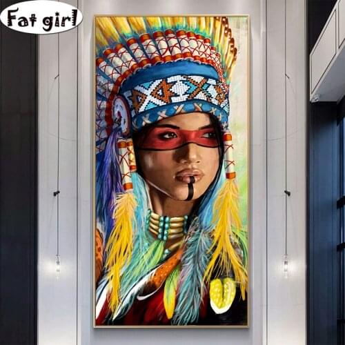Indian woman Diamond Painting Embroidery Cross Stitch Rhinestones Mosaic Colored feathers portrait Square round 5D Home Decor
