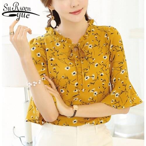 Blusas Plus Size Fashion Women Tops and Blouses 2021 summer Lady Tops Chiffon Blouse Floral Print Bow Neck Shirt Short Sleeve