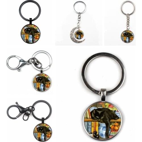 New Retro Black Cat Bookcase Crystal Pendant Keychain Fashion Men Women Keyring Quality Car Charm Package Glass Key Chain Gift