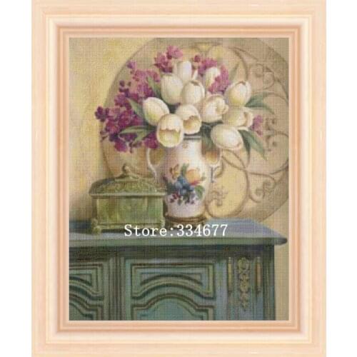 Flowers Retro Tulip Vase For Embroidery Needlework Crafts 14CT Unprinted Cross Stitch Kits Art DIY Quality Handmade Decor