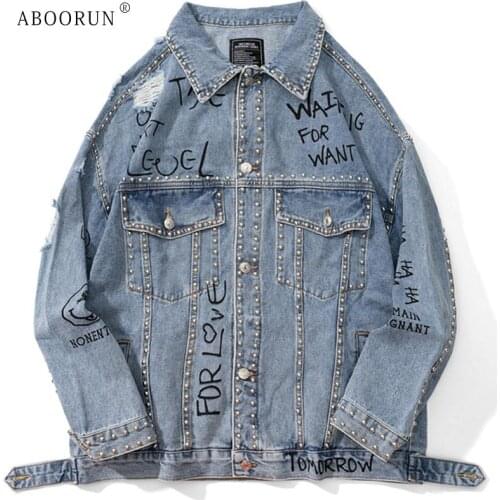 ABOORUN Hi Street Mens Punk Rivets Graffiti Denim Jacket Streetwear Blue Ripped Hole Jean Coat for Male