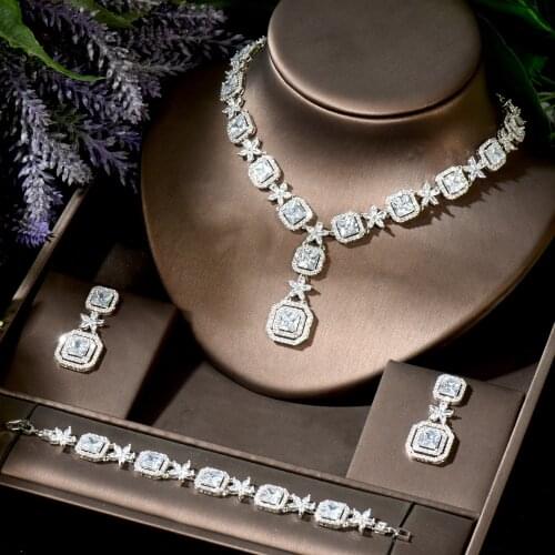 HIBRIDE 3pcs Shiny Luxury Baguette CZ Bridal Wedding Necklace Earring Bracelet Dubai Costume Jewelry Sets for Women N-1834