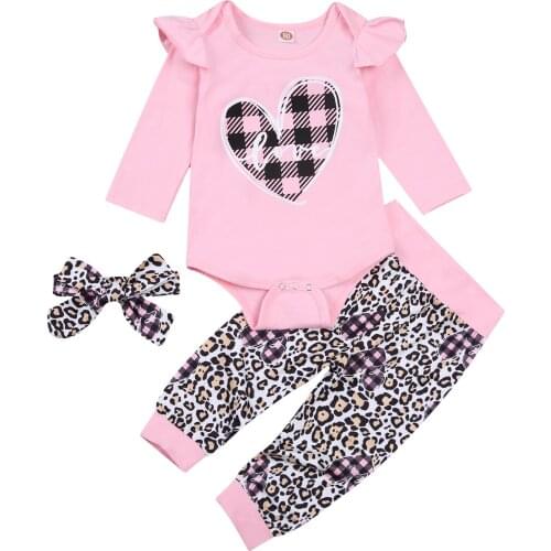 Baby Girl Leopard Print Three-piece Suit, Romper + Trousers + Headband, Bow Decoration Spring Clothing