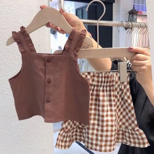 Summer New Baby Girls Clothing Sets 2021 Kids Girls Korean Fashion Skrits Suits Cute Sling Tops Plaid Skirts 2pcs Set for Girls