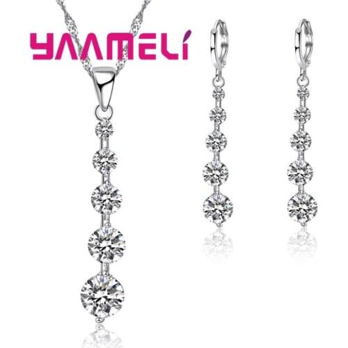 Fashion Round Cubic Zirconia Long Drop Earrings Necklace 925 Sterling Silver Jewelry Sets for Women Wedding Party