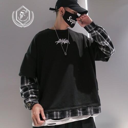 Men Fashion Loose Print Plaid Casual Pullover Hip Hop Sweatshirts